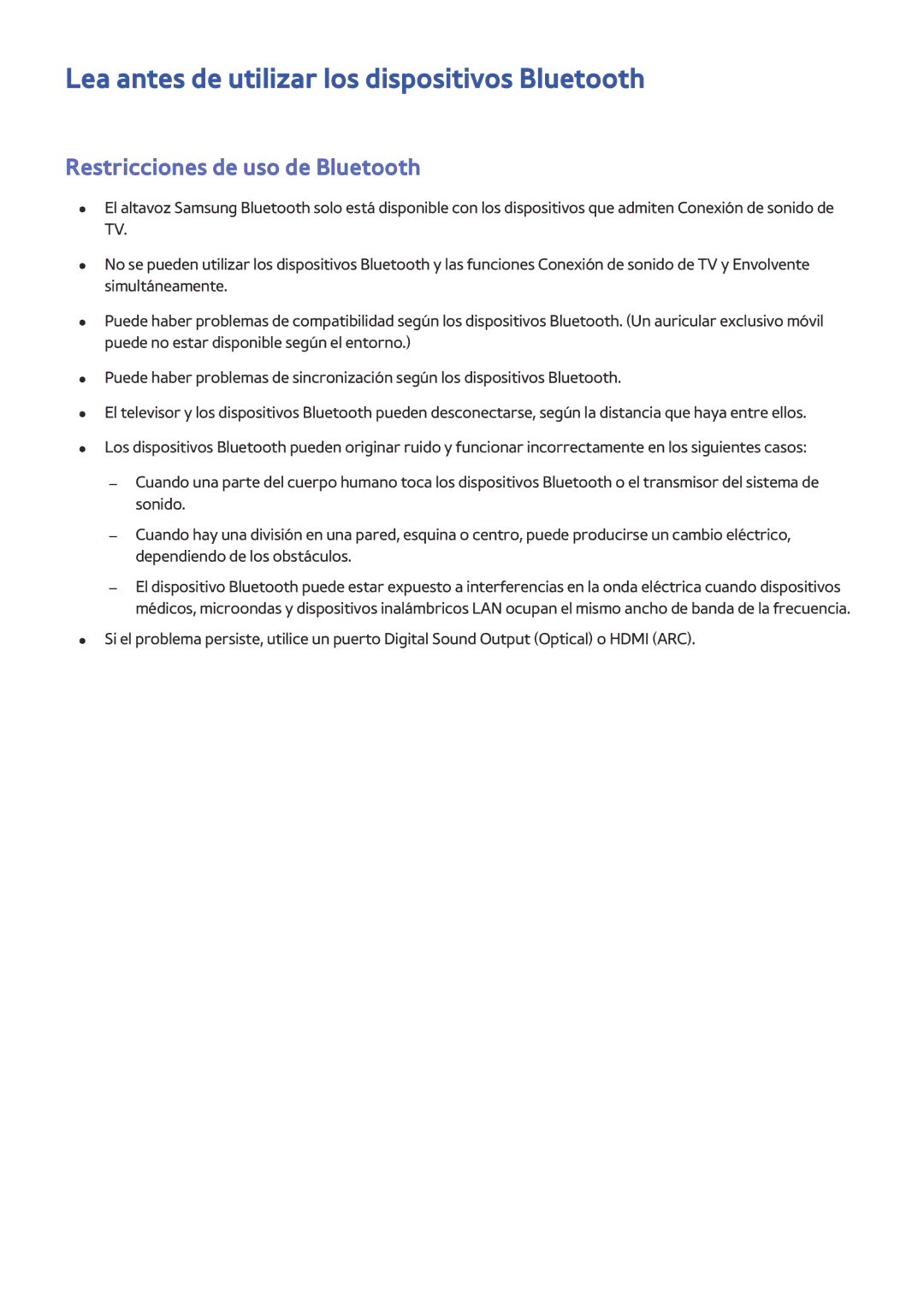 Samsung UE48H6800AWXXH, UE48H6200AWXXH Lea antes de utilizar los dispositivos Bluetooth, Restricciones de uso de Bluetooth 