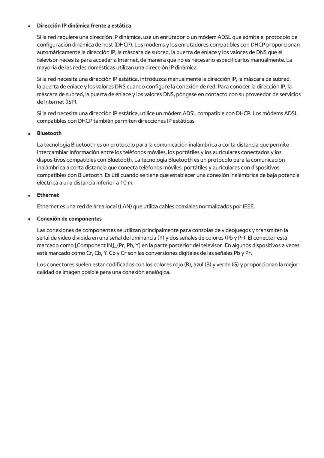 Samsung UE55H6400AWXXH manual Dirección IP dinámica frente a estática, Bluetooth, Ethernet, Conexión de componentes 