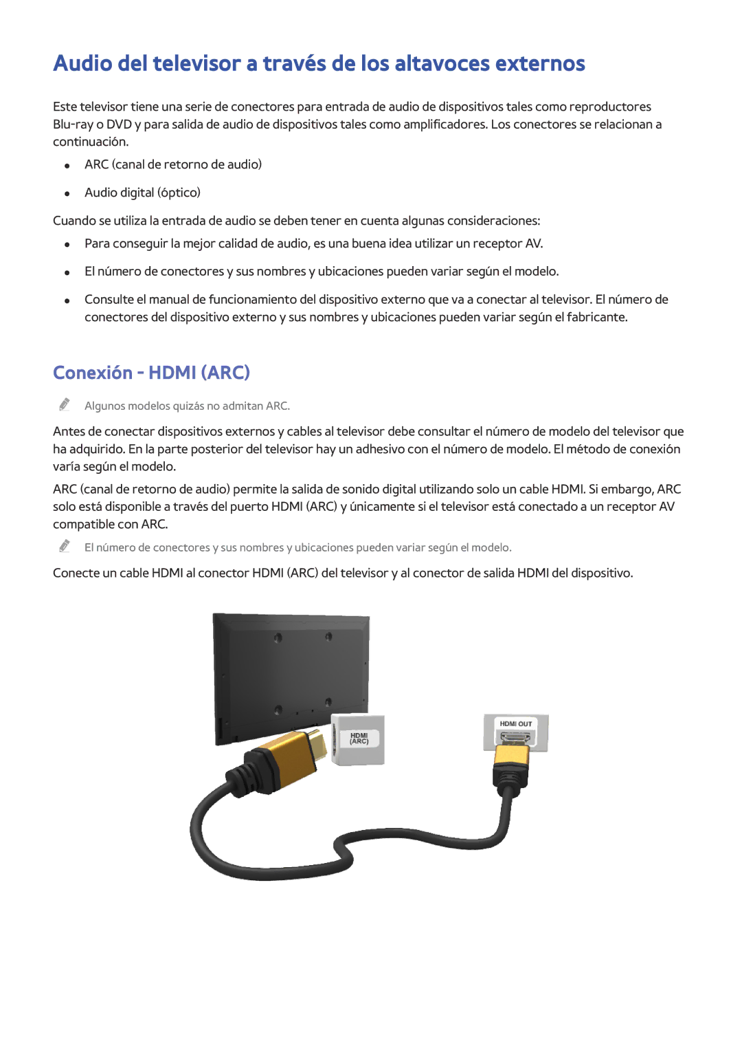 Samsung UE48H5500AWXXC, UE48H6200AWXXH manual Audio del televisor a través de los altavoces externos, Conexión Hdmi ARC 