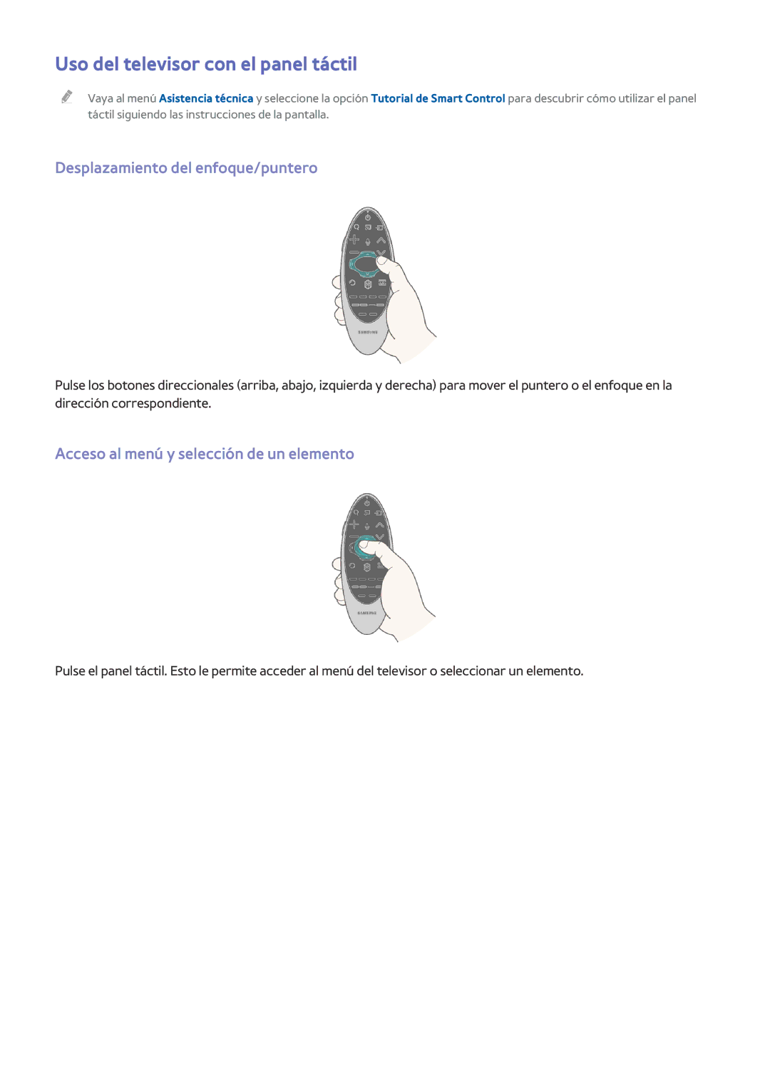 Samsung UE32H5500AWXXC, UE48H6200AWXXH manual Uso del televisor con el panel táctil, Desplazamiento del enfoque/puntero 