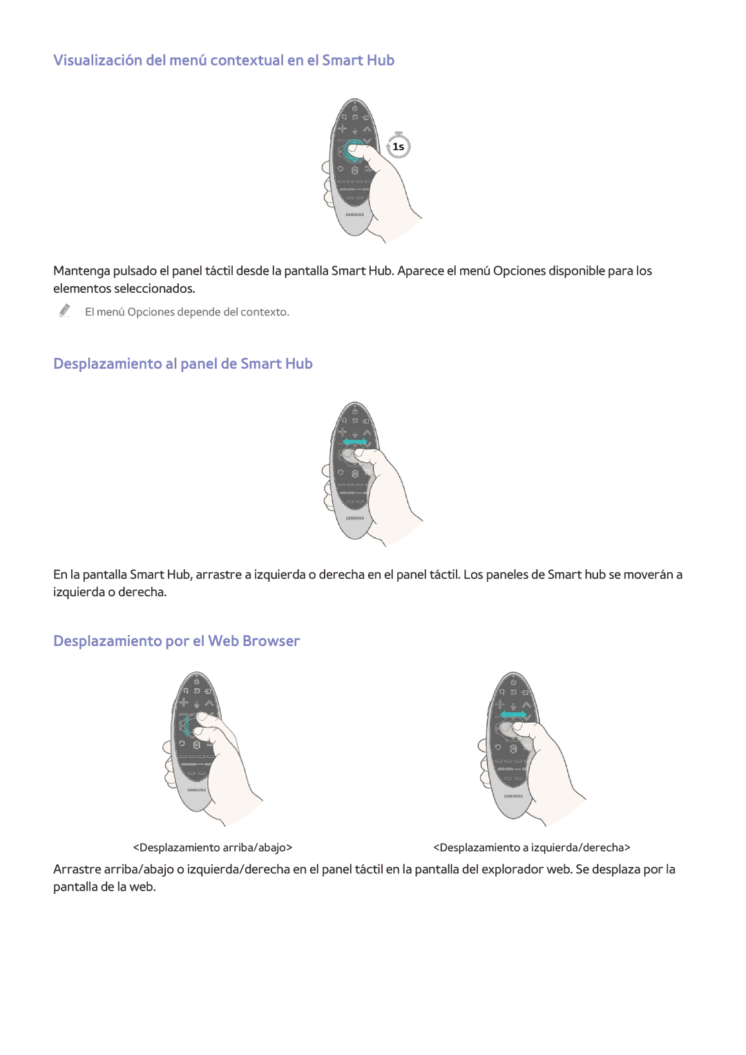 Samsung UE55H6850AWXXC manual Visualización del menú contextual en el Smart Hub, Desplazamiento al panel de Smart Hub 