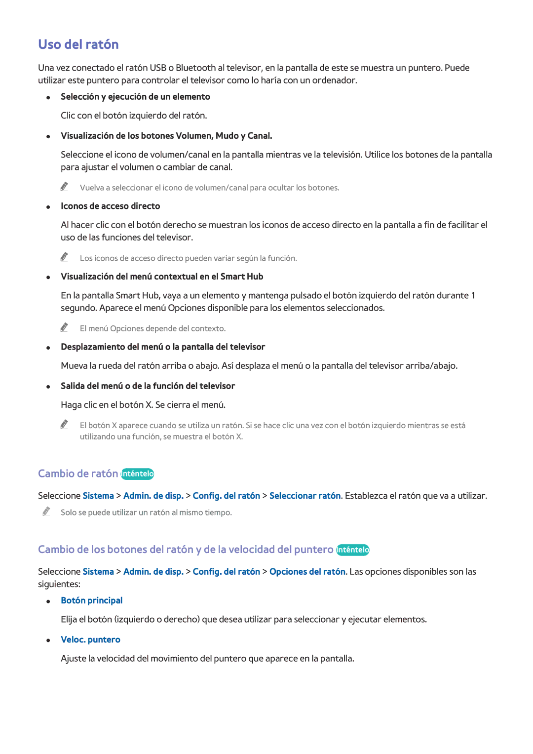 Samsung UE55H6800AWXXH, UE48H6200AWXXH, UE48H6800AWXXH manual Uso del ratón, Cambio de ratón Inténtelo, Veloc. puntero 