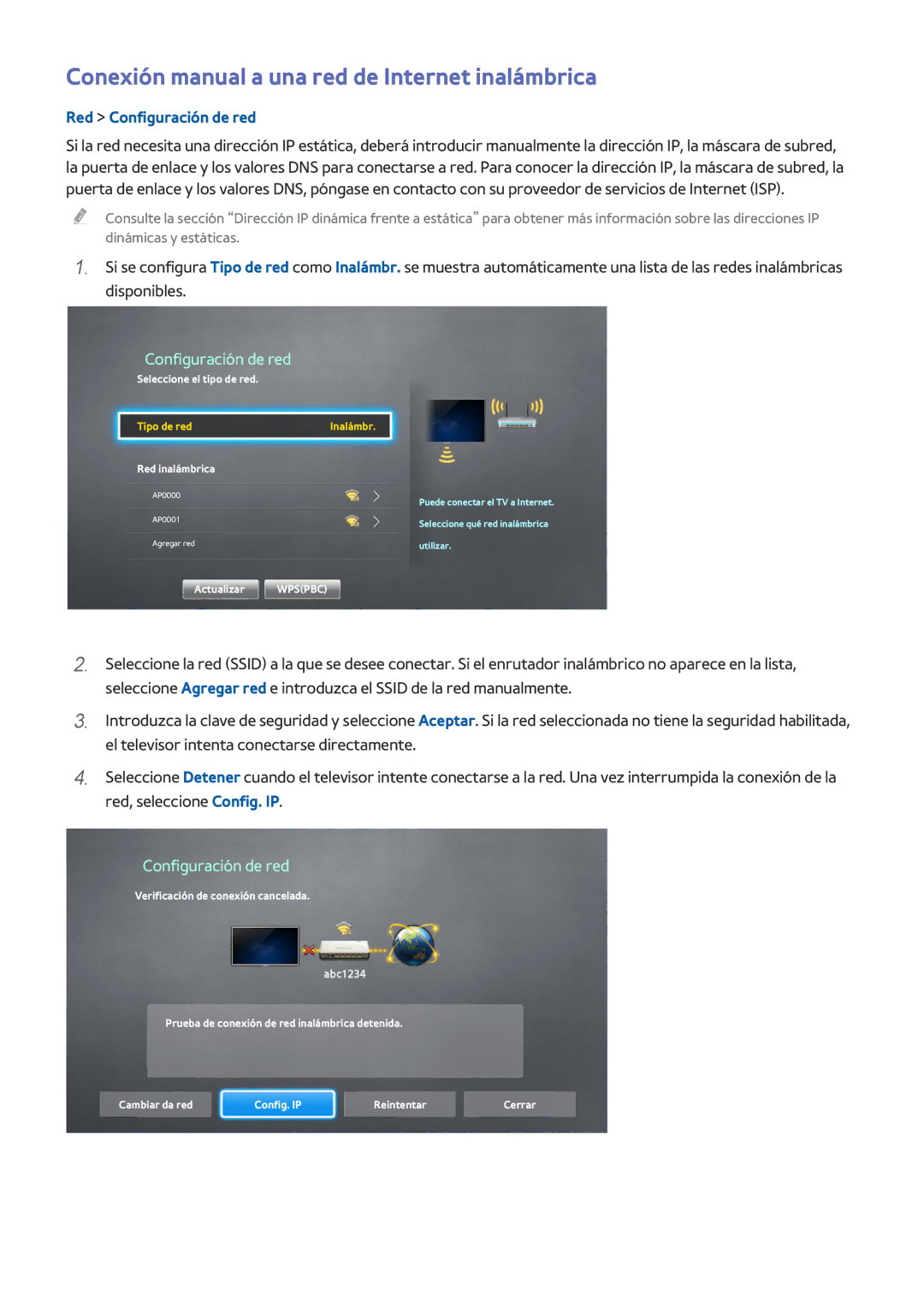 Samsung UE40H6240AWXXC, UE48H6200AWXXH, UE48H6800AWXXH Conexión manual a una red de Internet inalámbrica, Red inalámbrica 