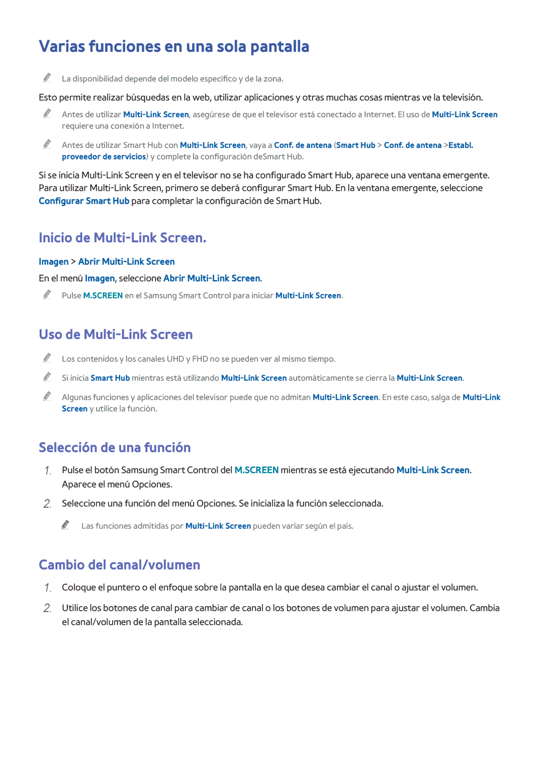 Samsung UE40H6470SSXXH manual Varias funciones en una sola pantalla, Inicio de Multi-Link Screen, Uso de Multi-Link Screen 