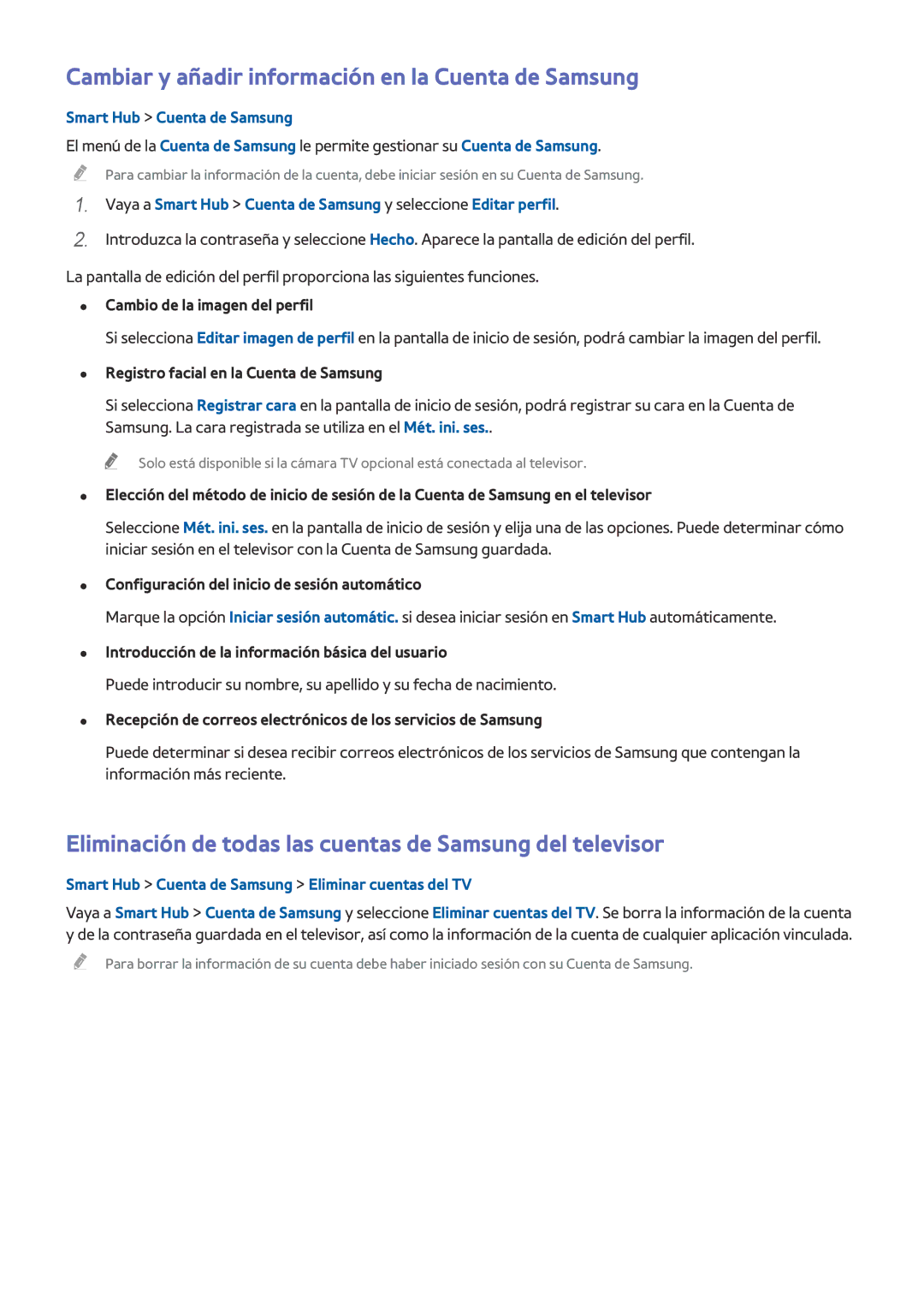 Samsung UE48H5570SSXXH, UE48H6200AWXXH Cambiar y añadir información en la Cuenta de Samsung, Smart Hub Cuenta de Samsung 