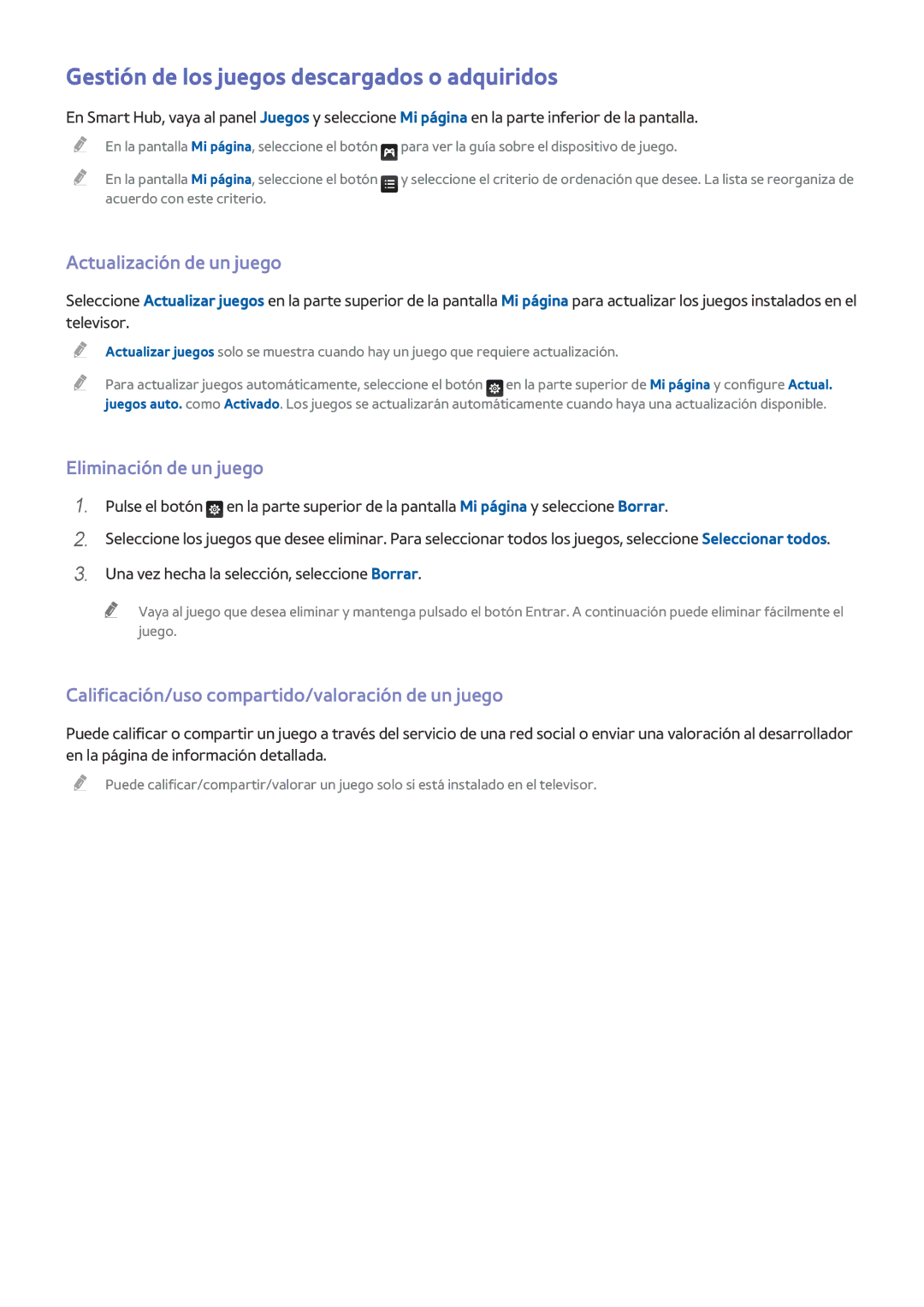 Samsung UE55H6410SSXXC Gestión de los juegos descargados o adquiridos, Actualización de un juego, Eliminación de un juego 