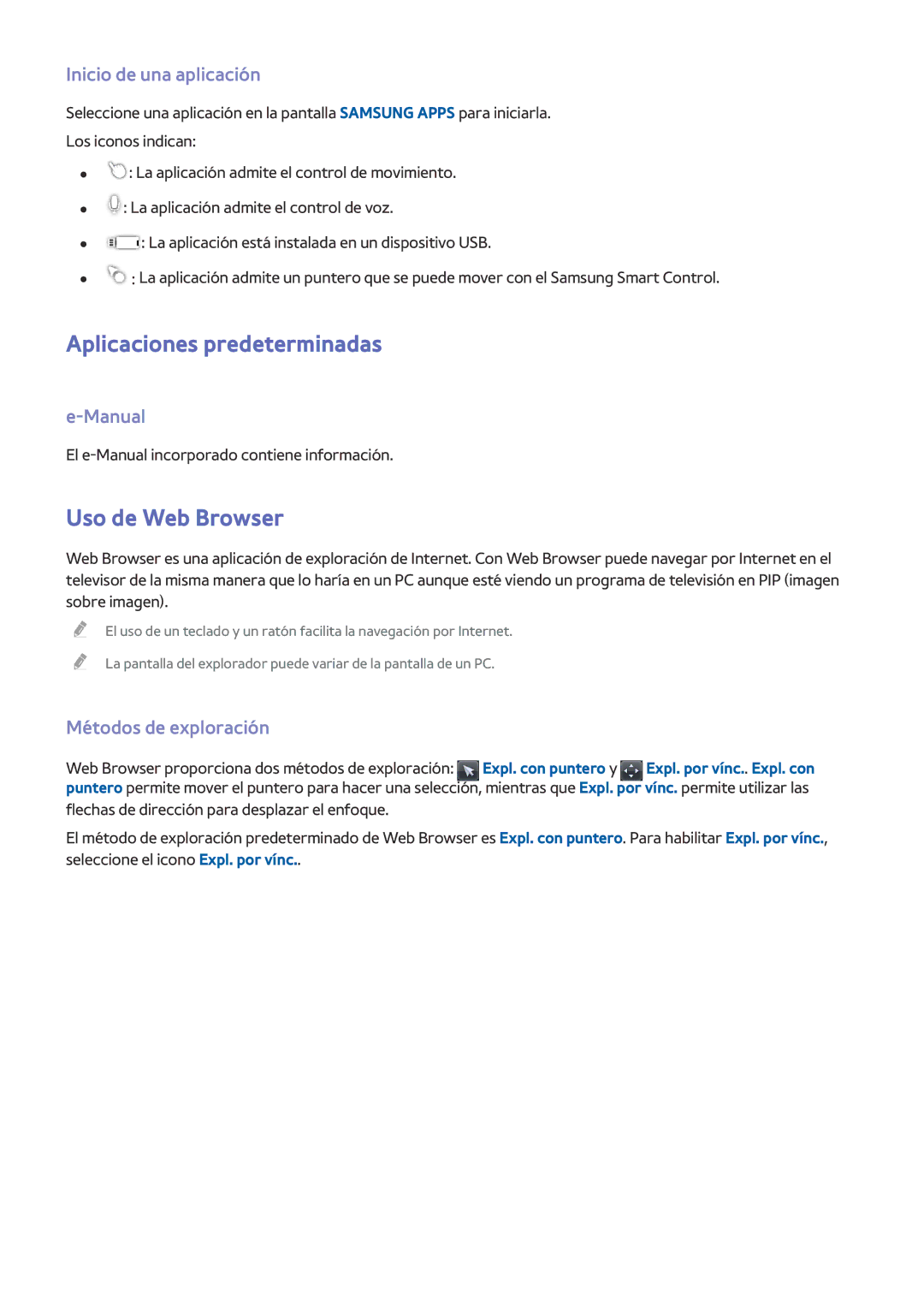 Samsung UE55H6400AWXXC, UE48H6200AWXXH Aplicaciones predeterminadas, Uso de Web Browser, Inicio de una aplicación, Manual 