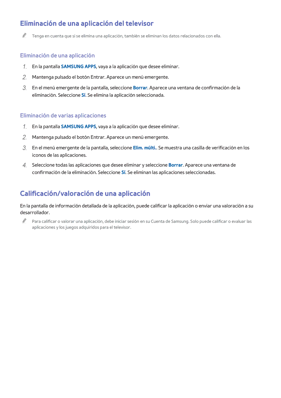 Samsung UE40H5570SSXXC manual Eliminación de una aplicación del televisor, Calificación/valoración de una aplicación 