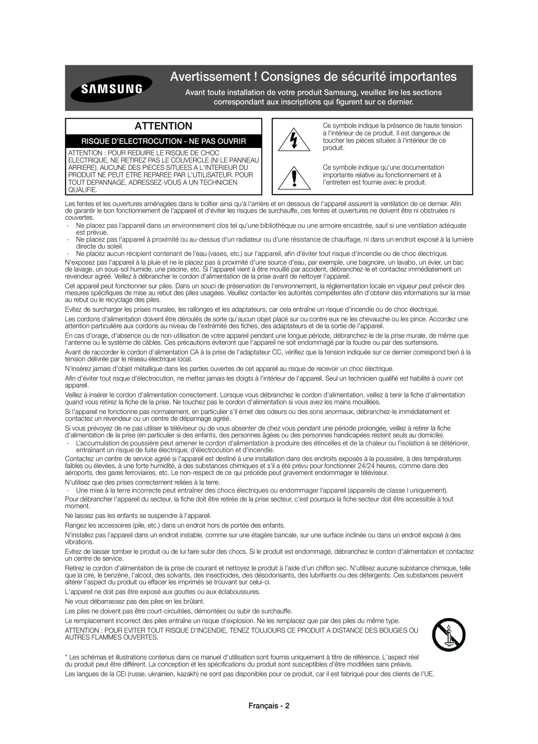 Samsung UE40H6400AWXXH manual Avertissement ! Consignes de sécurité importantes, Risque Delectrocution - Ne Pas Ouvrir 