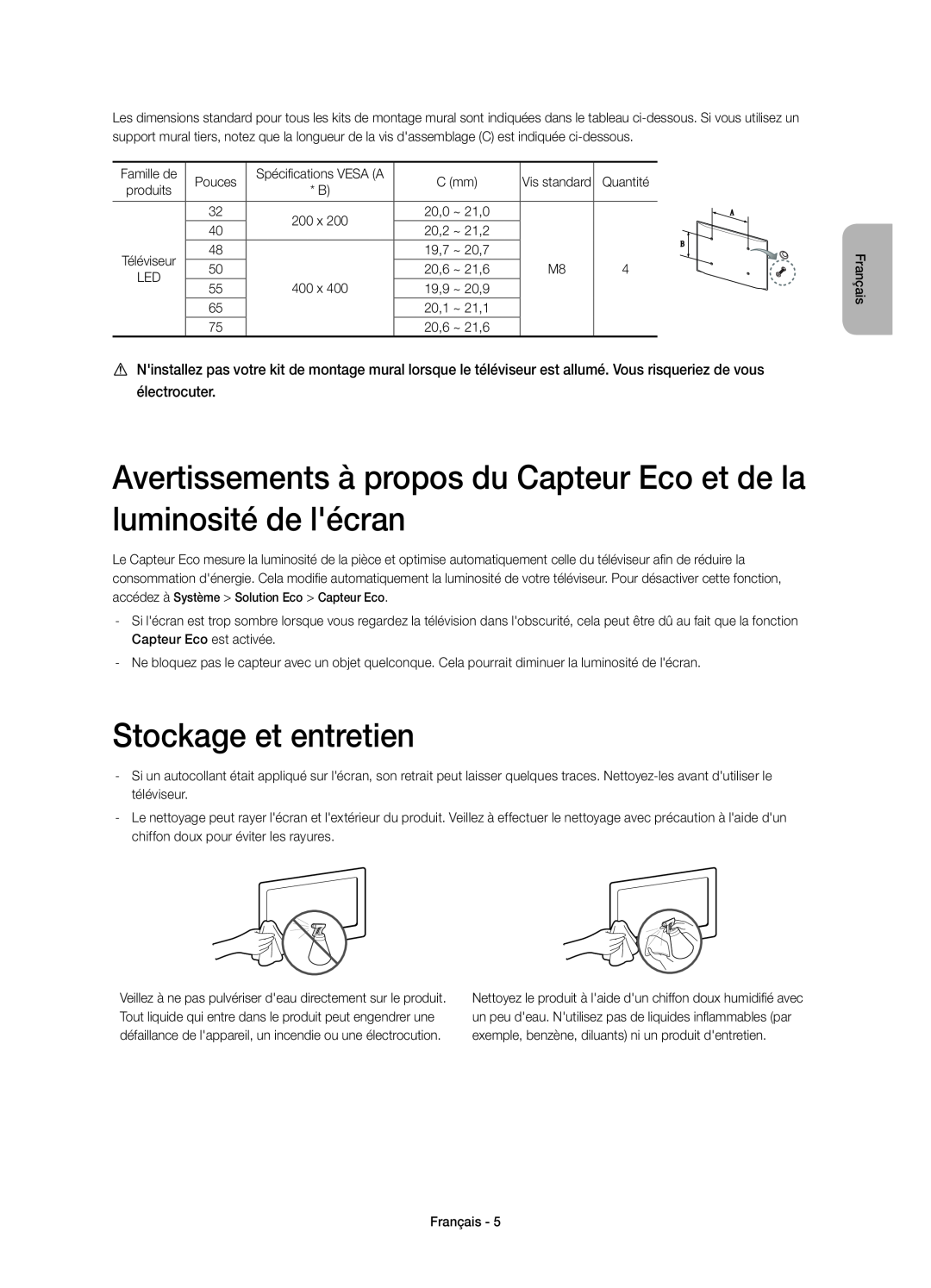 Samsung UE75H6400AWXXC manual Avertissements à propos du Capteur Eco et de la luminosité de lécran, Stockage et entretien 