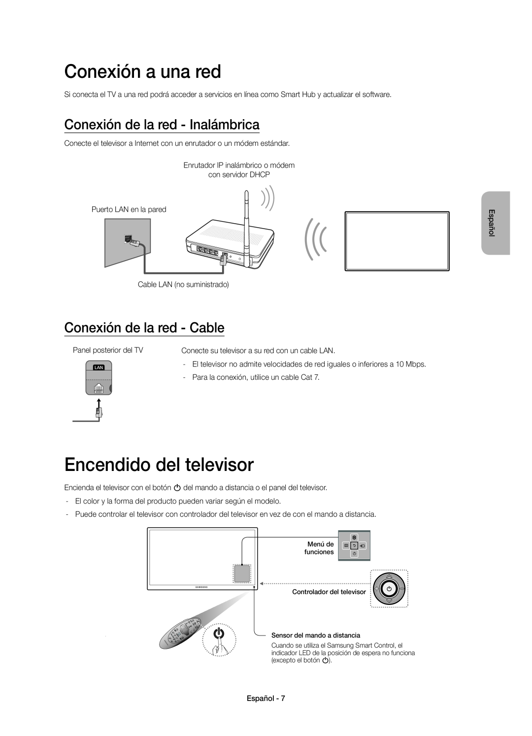 Samsung UE48H6400AWXXC, UE48H6400AWXXH manual Conexión a una red, Encendido del televisor, Conexión de la red - Inalámbrica 