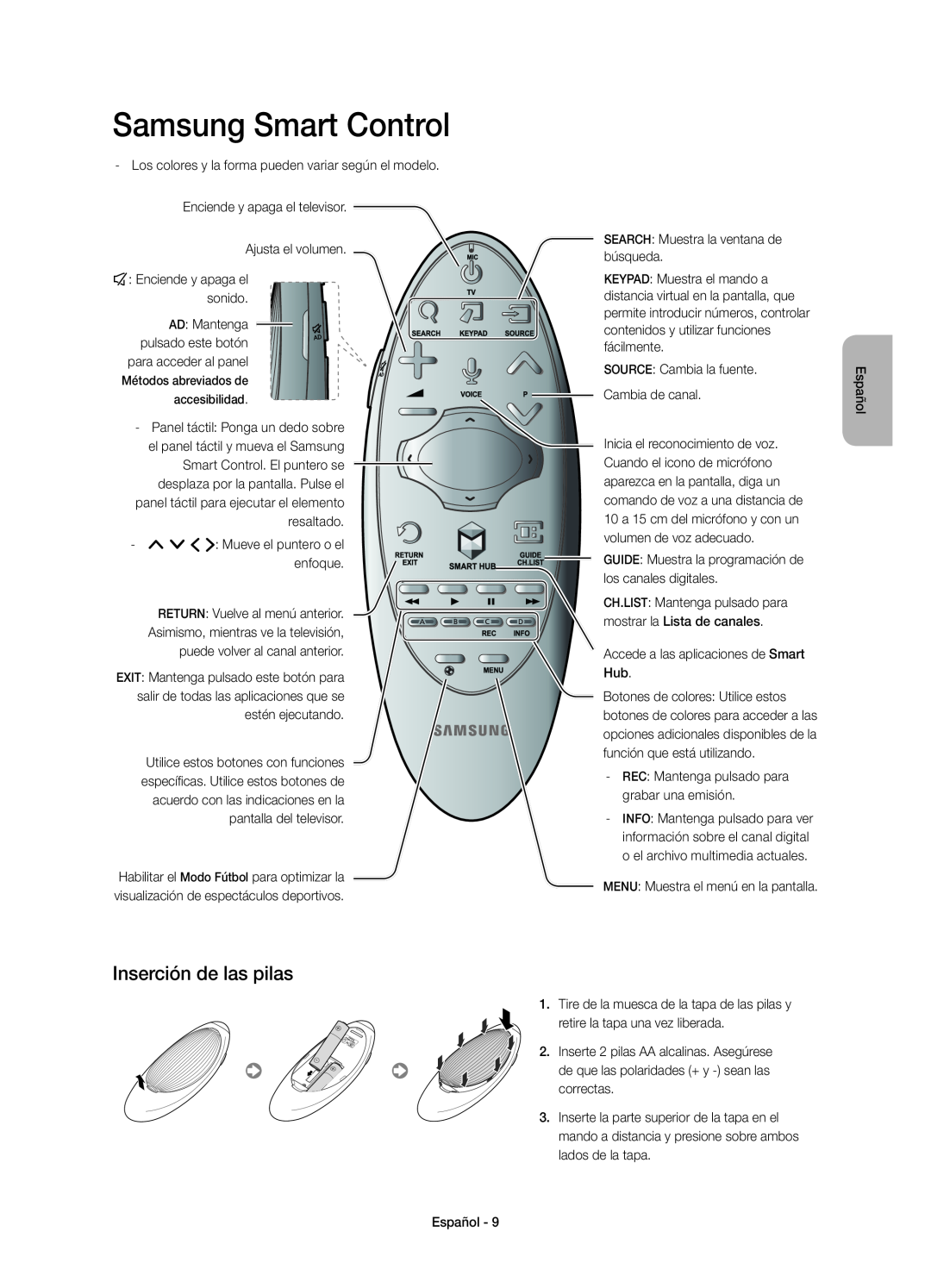 Samsung UE55H6400AWXXC, UE48H6400AWXXH, UE75H6400AWXXH, UE40H6400AWXXH manual Inserción de las pilas, Samsung Smart Control 