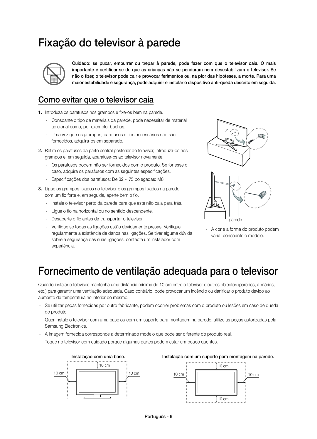 Samsung UE65H6400AWXXC, UE48H6400AWXXH, UE75H6400AWXXH manual Fixação do televisor à parede, Como evitar que o televisor caia 
