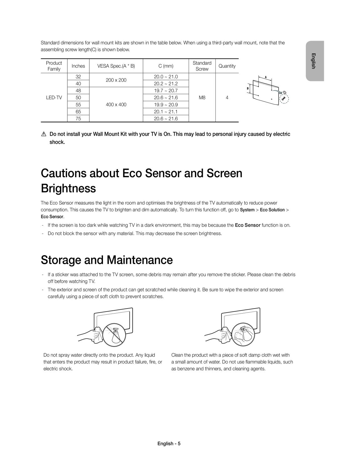 Samsung UE75H6400AWXXC, UE48H6400AWXXH Cautions about Eco Sensor and Screen Brightness, Storage and Maintenance, Screw 