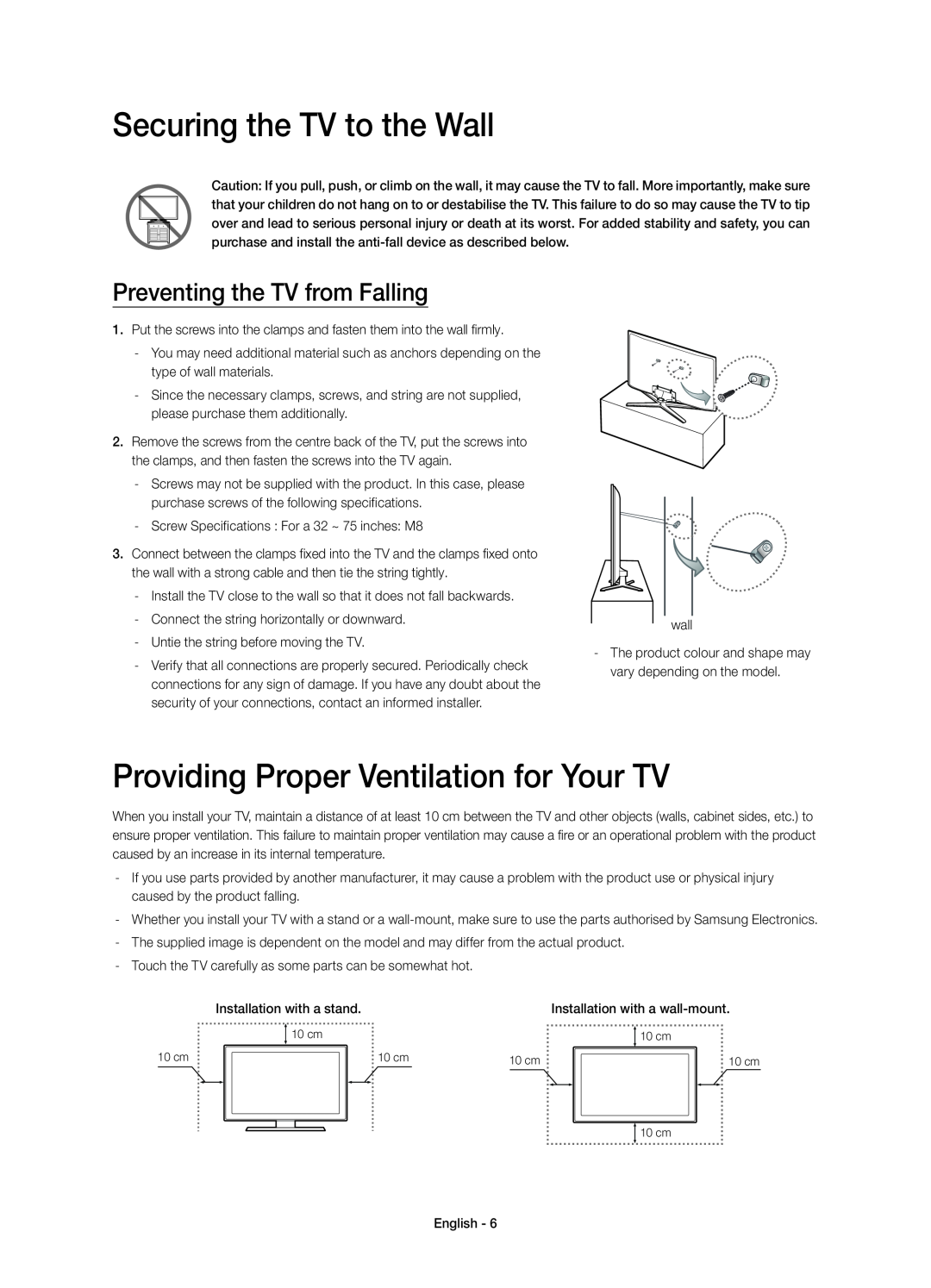 Samsung UE65H6400AWXXC, UE48H6400AWXXH manual Securing the TV to the Wall, Providing Proper Ventilation for Your TV 