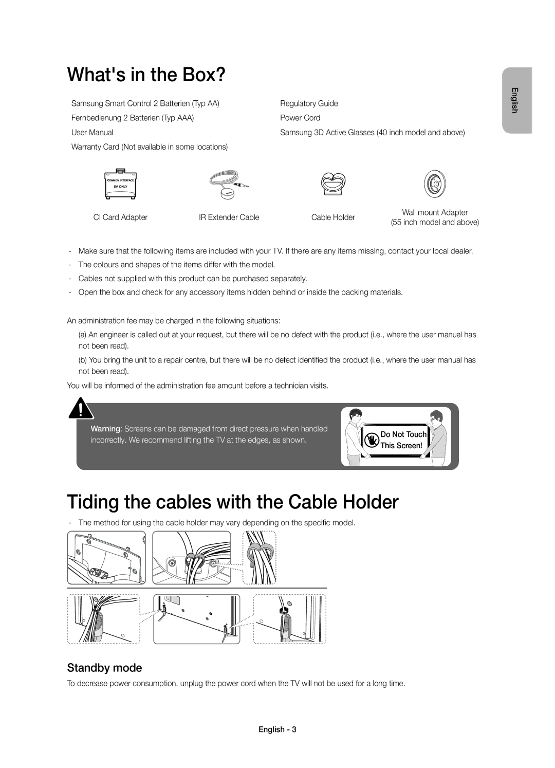 Samsung UE50H6400AYXZT, UE48H6400AYXZT manual Whats in the Box?, Tiding the cables with the Cable Holder, Standby mode 