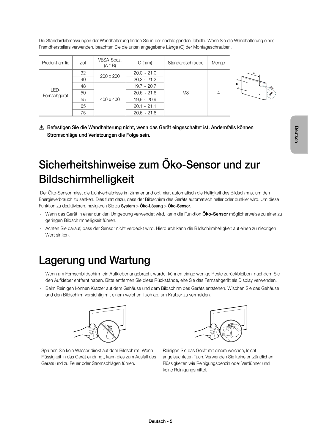 Samsung UE50H6400AYXZT, UE48H6400AYXZT Lagerung und Wartung, Produktfamilie Zoll VESA-Spez Standardschraube Menge, 400 x 