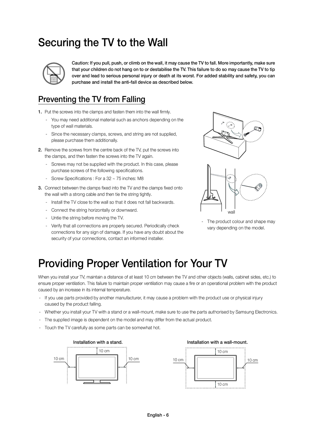 Samsung UE55H6400AYXZT, UE48H6400AYXZT manual Securing the TV to the Wall, Providing Proper Ventilation for Your TV 