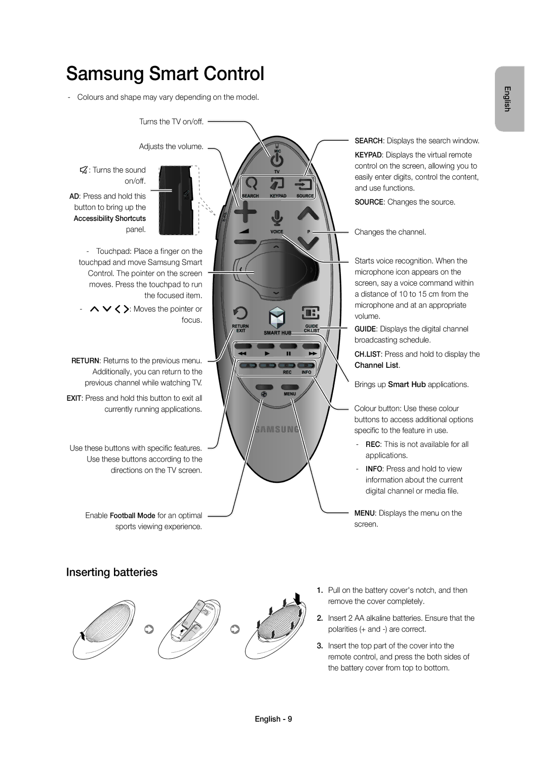 Samsung UE40H6400AYXZT, UE48H6400AYXZT manual Samsung Smart Control, Inserting batteries, Search Displays the search window 