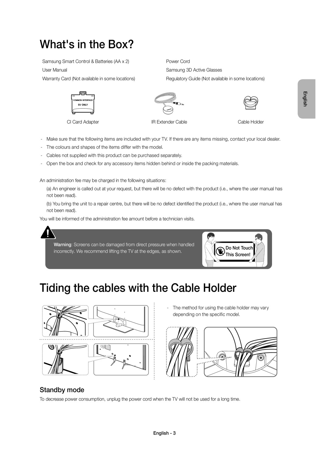 Samsung UE40H6500ATXRU, UE48H6500ATXUZ manual Whats in the Box?, Tiding the cables with the Cable Holder, Standby mode 