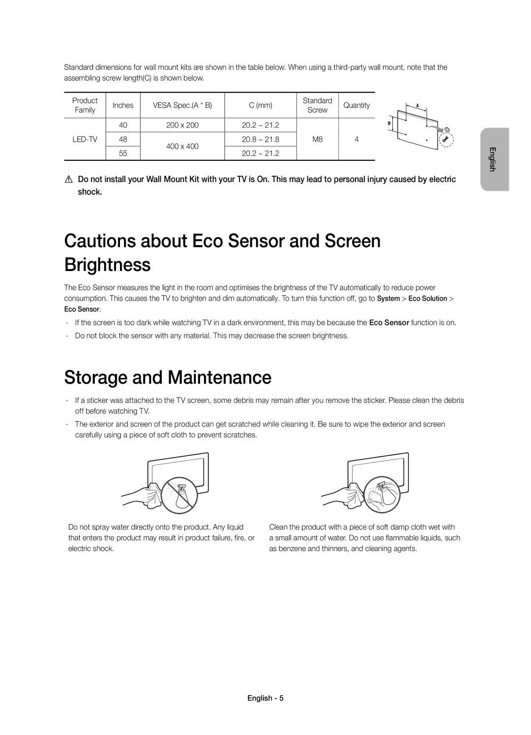 Samsung UE40H6500ATXMS, UE48H6500ATXUZ, UE40H6500ATXRU, UE40H6650ATXMS, UE55H6650ATXMS Brightness, Storage and Maintenance 