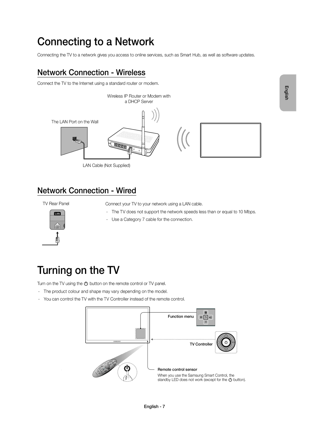 Samsung UE55H6500ATXUZ Connecting to a Network, Turning on the TV, Network Connection Wireless, Network Connection Wired 