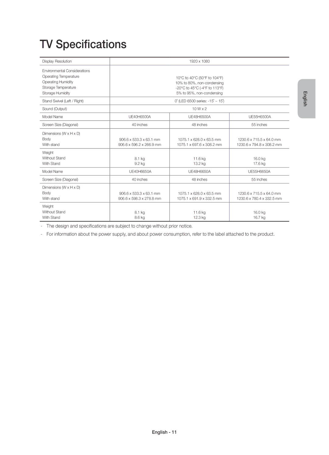 Samsung UE48H6650ATXMS, UE48H6500ATXUZ, UE40H6500ATXRU, UE40H6650ATXMS, UE40H6500ATXMS, UE55H6650ATXMS manual TV Specifications 