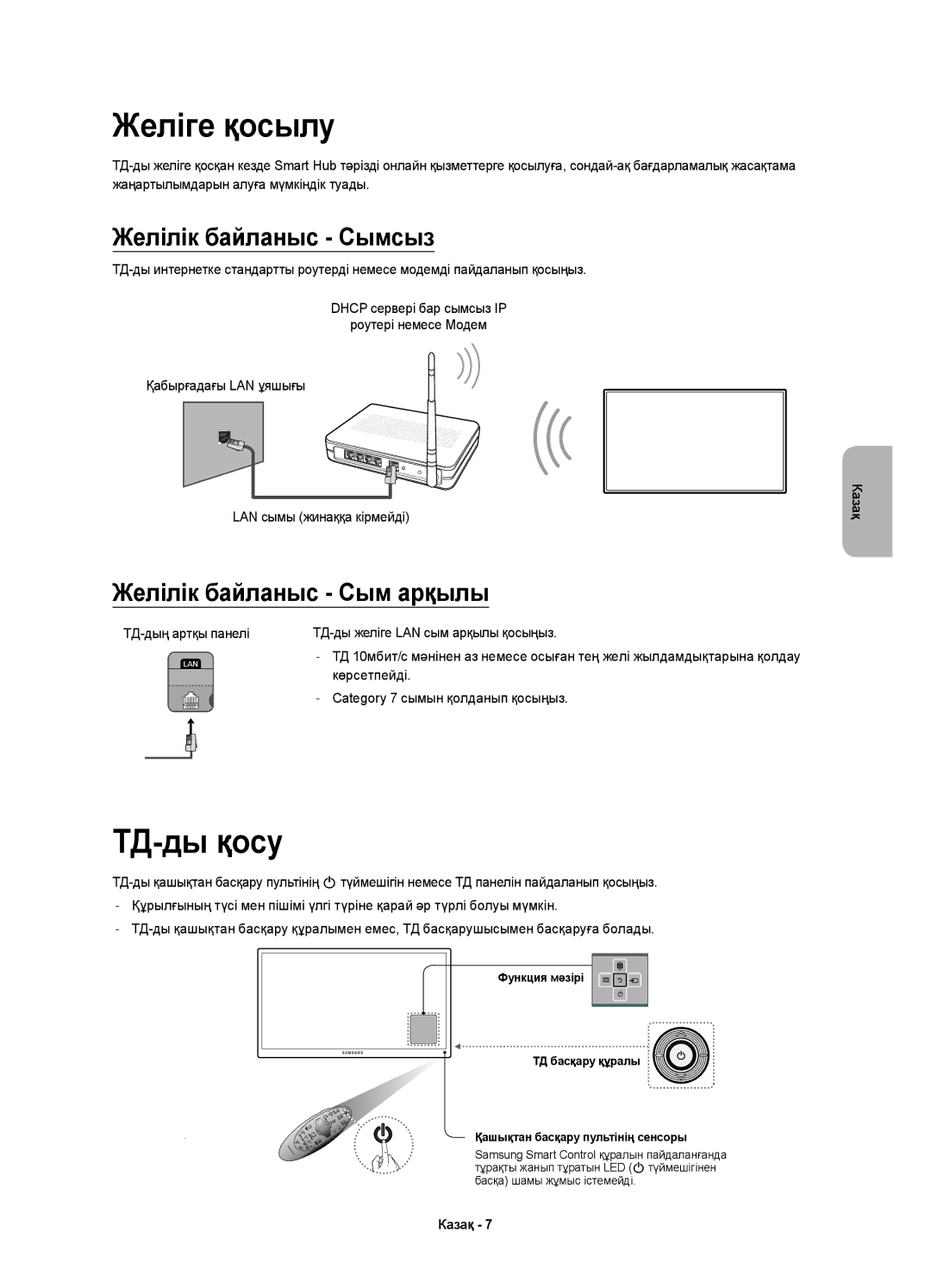 Samsung UE40H6500ATXRU Желіге қосылу, ТД-ды қосу, TД-дың артқы панелі ТД-ды желіге LAN сым арқылы қосыңыз, Көрсетпейді 