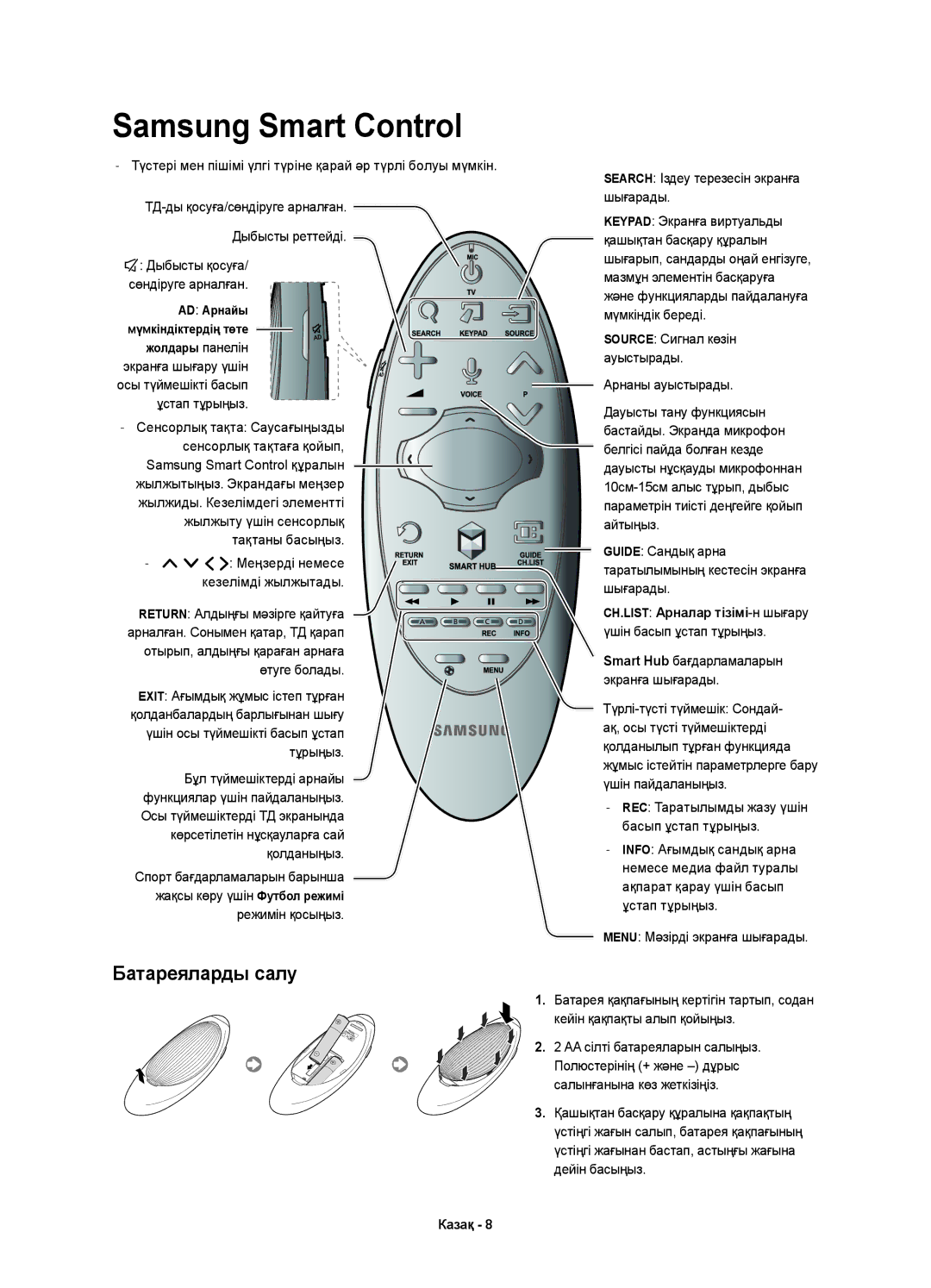 Samsung UE40H6650ATXMS, UE48H6500ATXUZ, UE40H6500ATXRU, UE40H6500ATXMS manual Samsung Smart Control, Батареяларды салу 