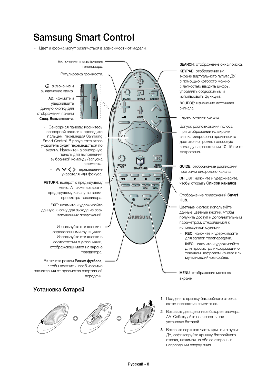 Samsung UE55H6500ATXRU, UE48H6500ATXUZ, UE40H6500ATXRU, UE40H6650ATXMS manual Samsung Smart Control, Установка батарей 