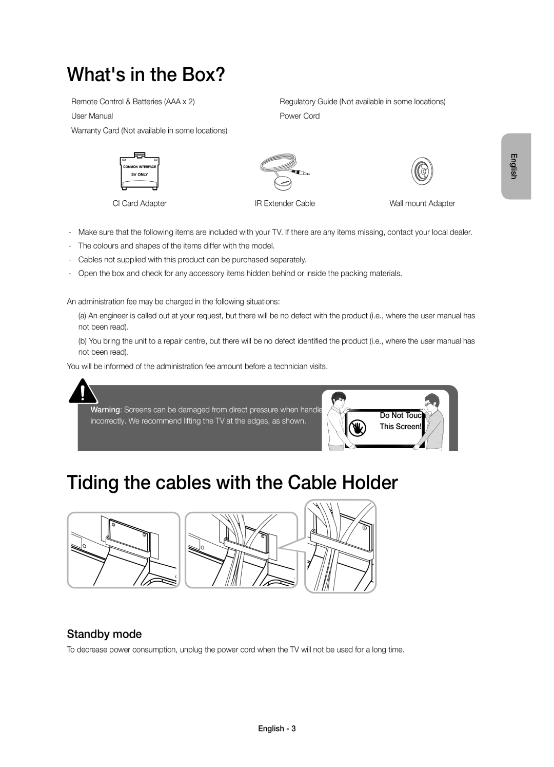 Samsung UE55H6800AUXRU, UE48H6800AUXRU manual Whats in the Box?, Tiding the cables with the Cable Holder, Standby mode 