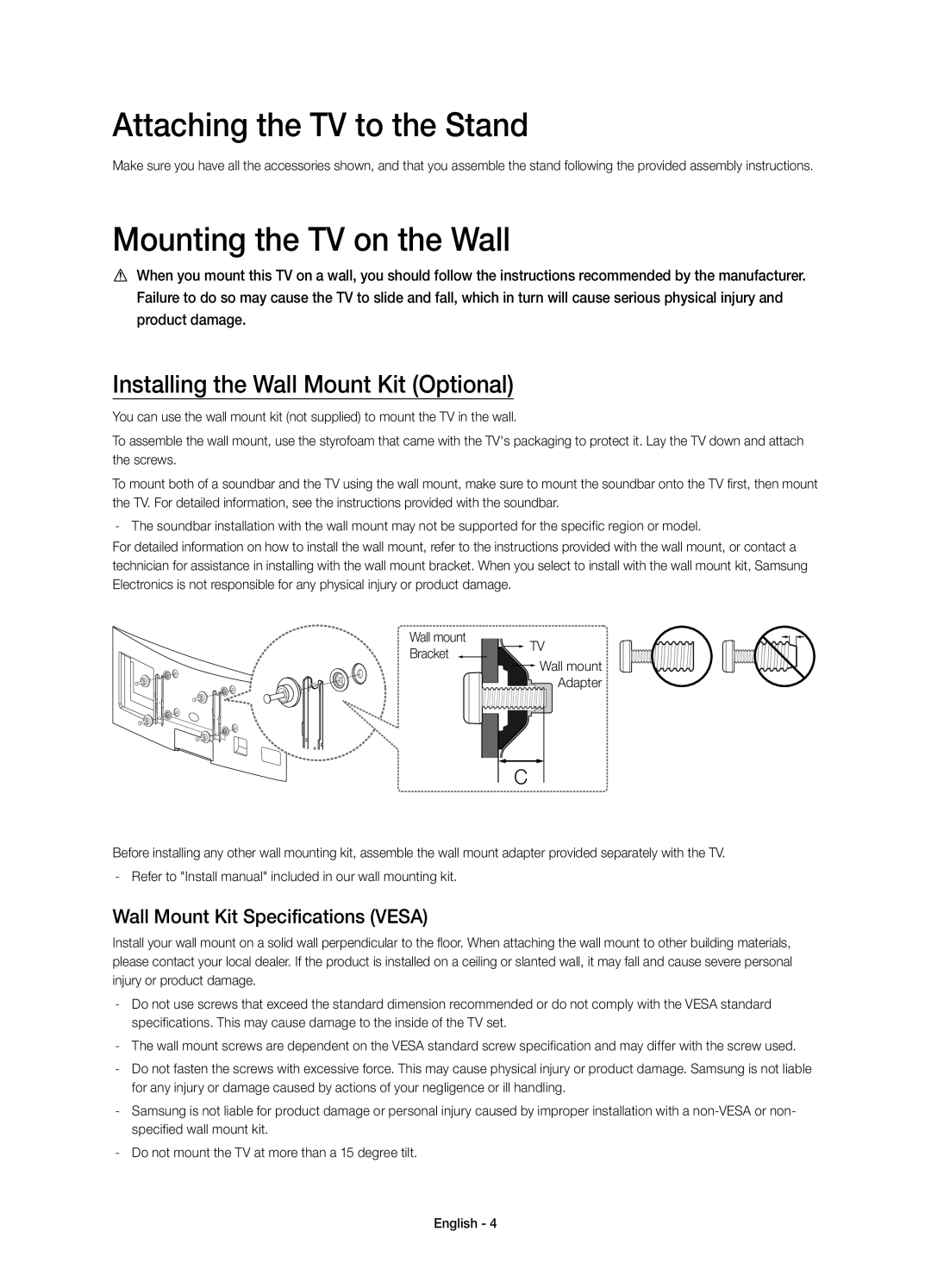 Samsung UE48H6800AUXUZ Attaching the TV to the Stand, Mounting the TV on the Wall, Installing the Wall Mount Kit Optional 