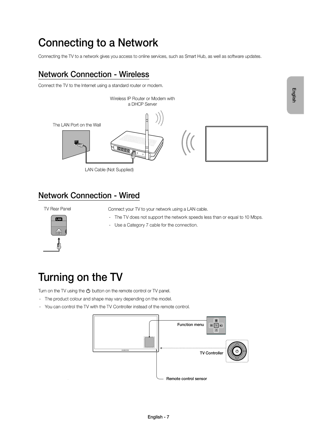 Samsung UE55H6800AUXUZ Connecting to a Network, Turning on the TV, Network Connection Wireless, Network Connection Wired 