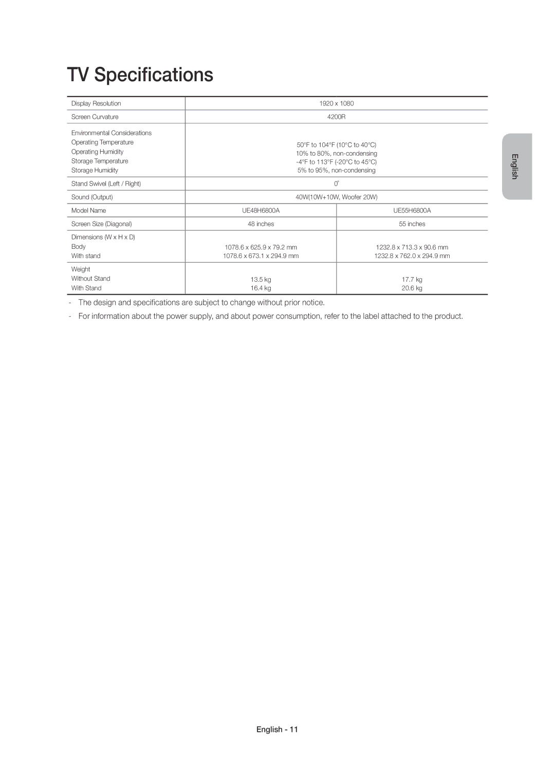 Samsung UE48H6800AUXMS, UE48H6800AUXRU, UE55H6800AUXUZ, UE55H6800AUXMS, UE55H6800AUXRU, UE48H6800AUXUZ manual TV Specifications 