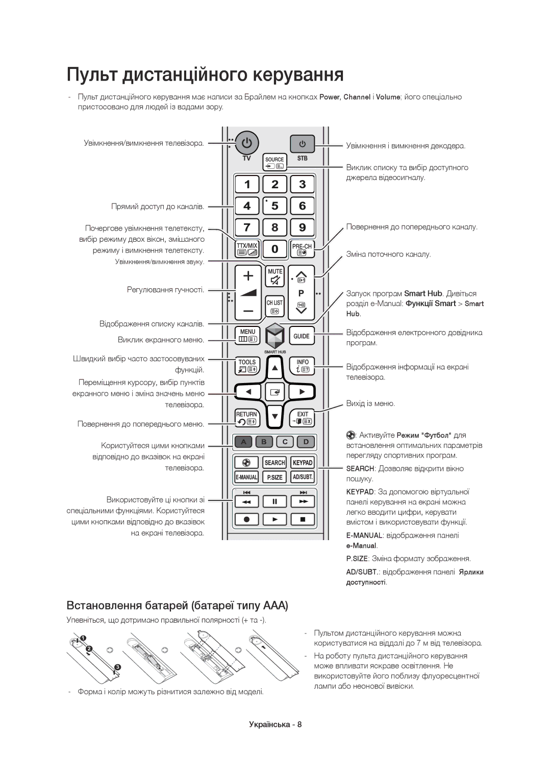 Samsung UE55H6800AUXMS, UE48H6800AUXRU, UE55H6800AUXUZ Пульт дистанційного керування, Встановлення батарей батареї типу AAA 