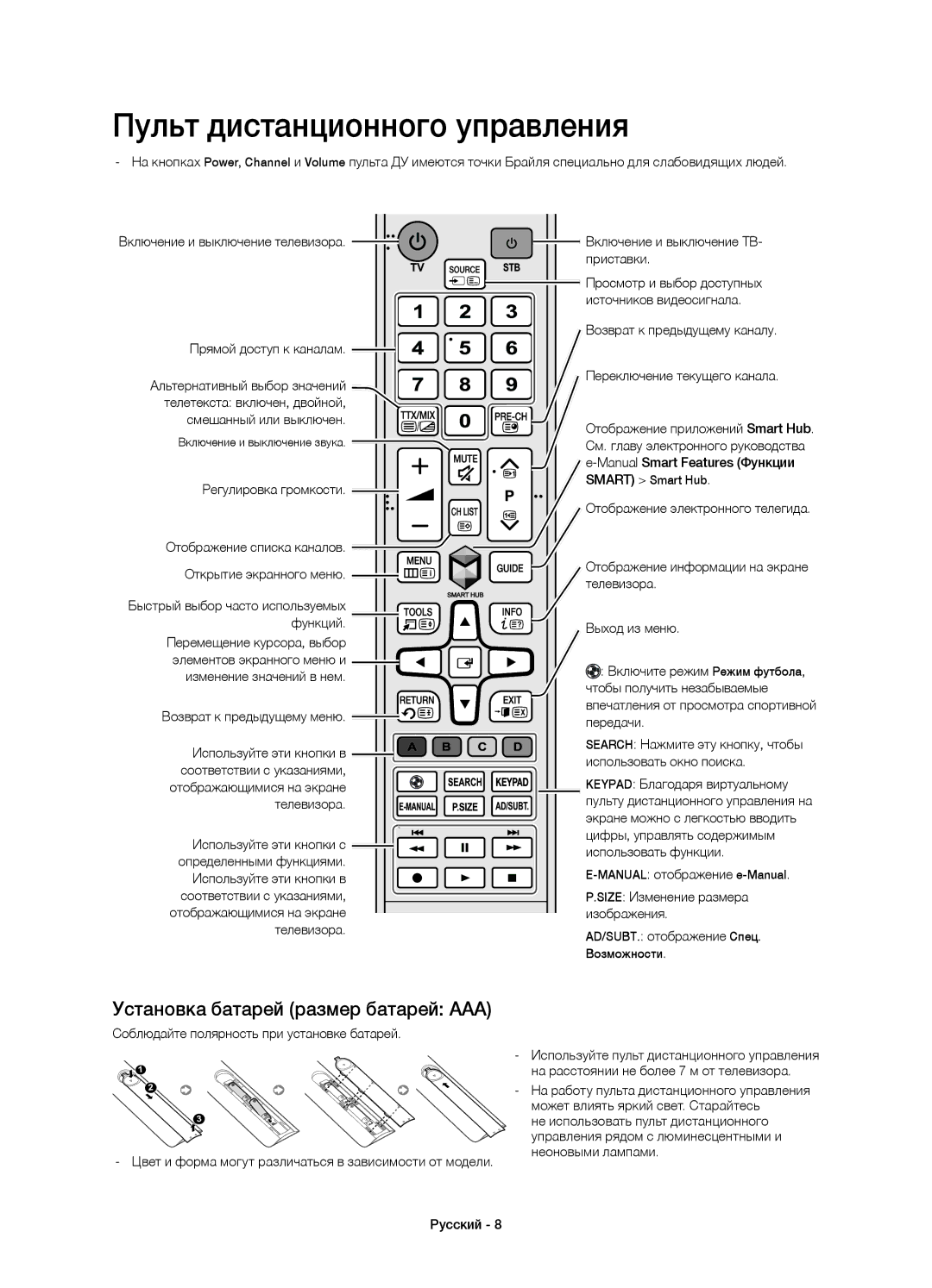 Samsung UE55H6800AUXMS, UE48H6800AUXRU manual Пульт дистанционного управления, Установка батарей размер батарей AAA 