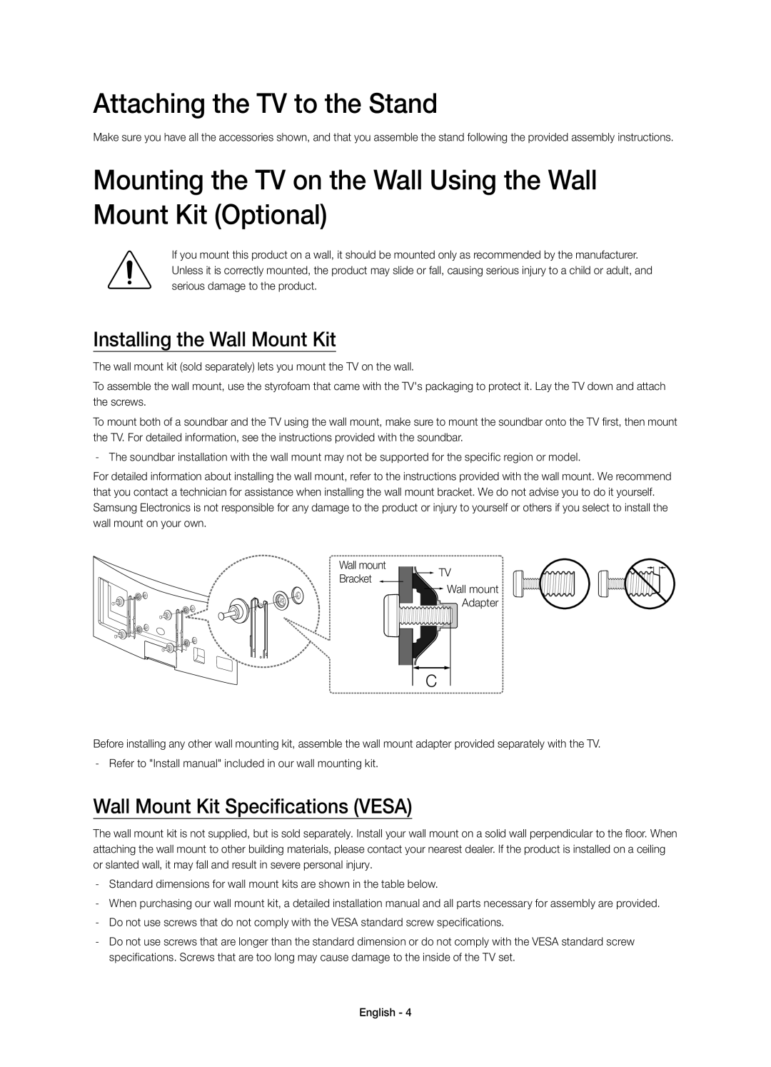 Samsung UE55H6800AUXMS Attaching the TV to the Stand, Installing the Wall Mount Kit, Wall Mount Kit Specifications Vesa 