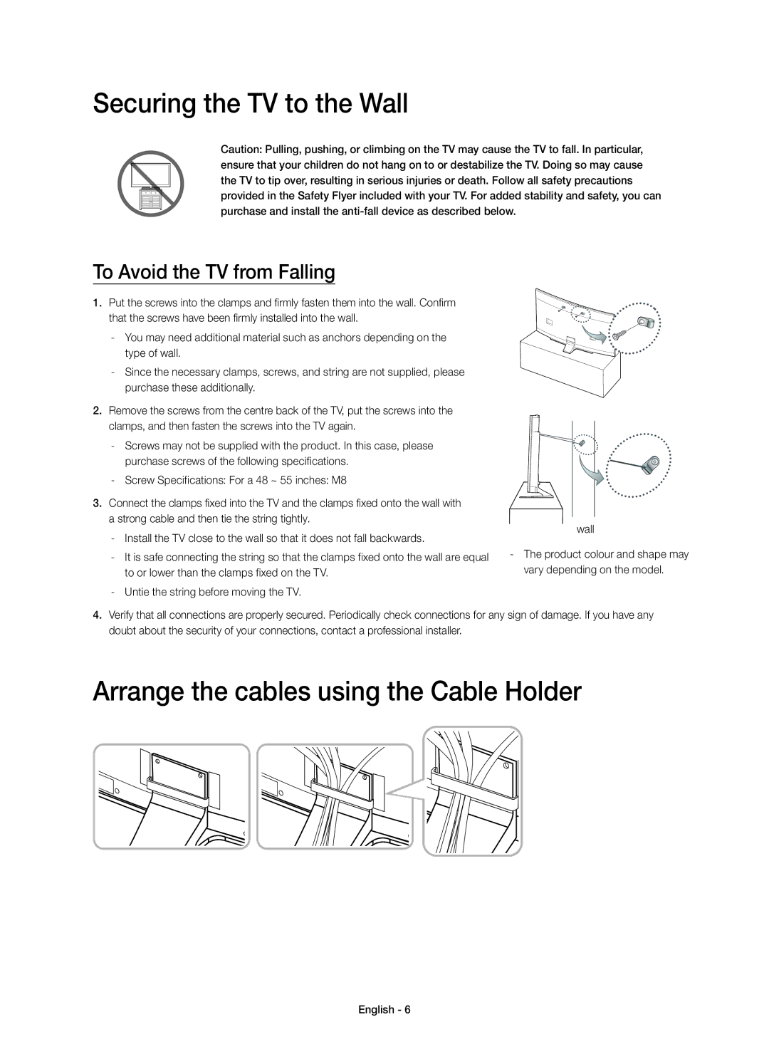 Samsung UE48H6800AUXUZ, UE48H6800AUXRU manual Securing the TV to the Wall, Arrange the cables using the Cable Holder 