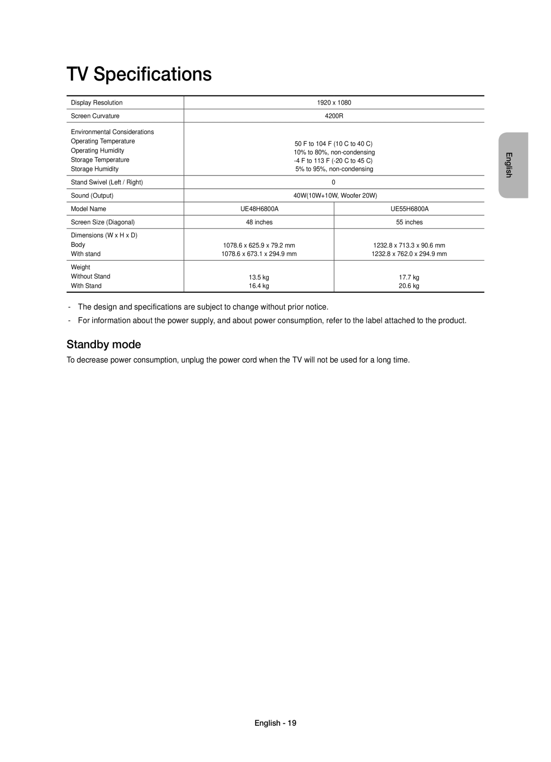 Samsung UE48H6800AUXMS, UE48H6800AUXRU, UE55H6800AUXUZ, UE55H6800AUXMS, UE55H6800AUXRU manual TV Specifications, Standby mode 