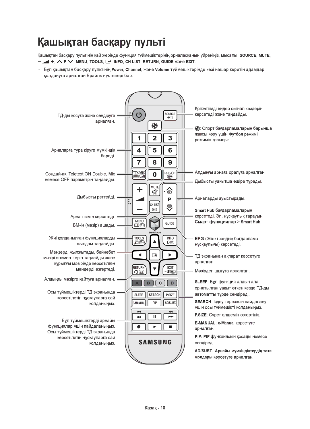 Samsung UE48H6800AUXRU, UE55H6800AUXUZ, UE55H6800AUXMS, UE55H6800AUXRU, UE48H6800AUXUZ, UE48H6800AUXMS Қашықтан басқару пульті 