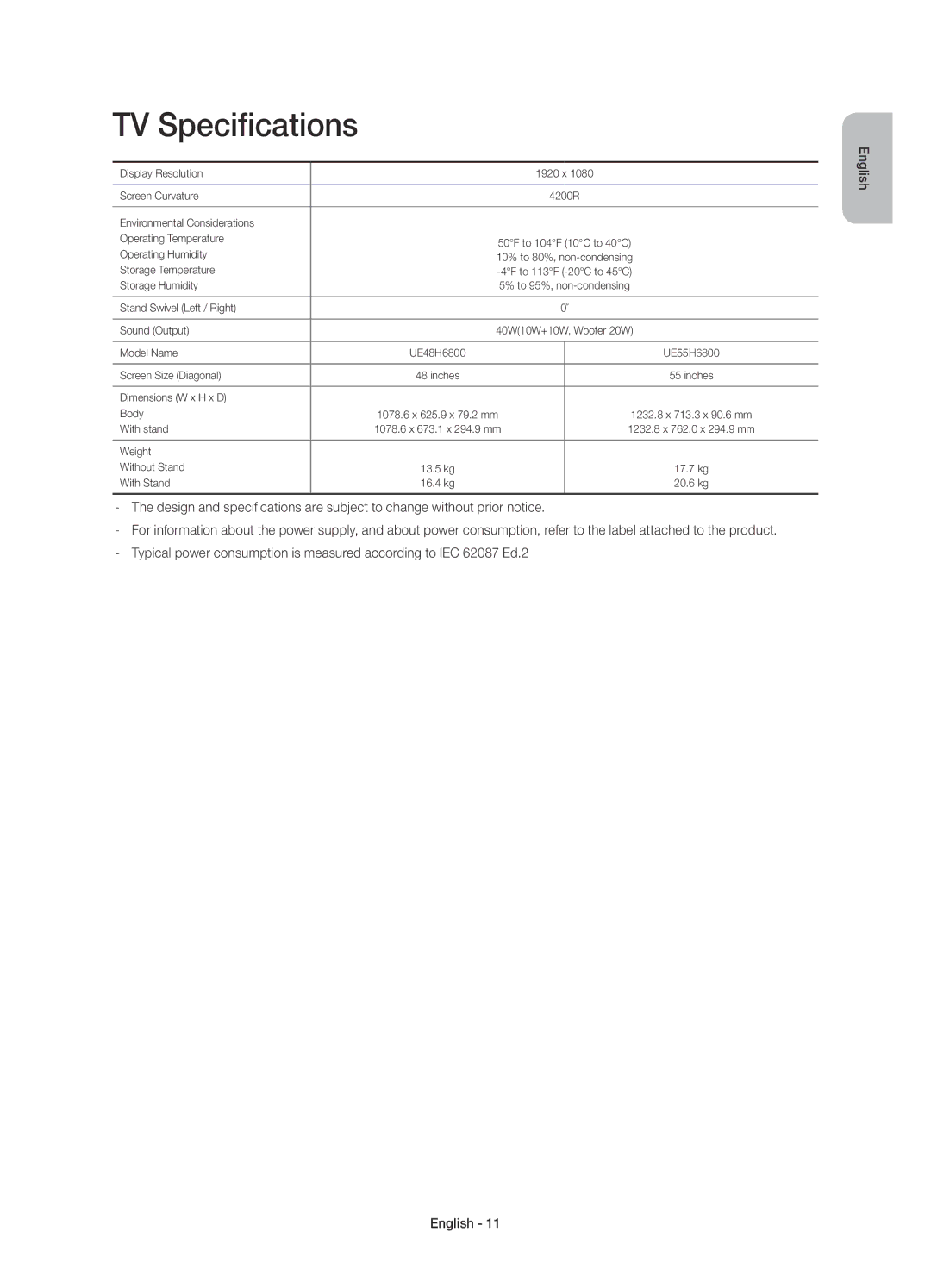 Samsung UE55H6800AWXXC, UE48H6800AWXXH, UE55H6800AWXXH, UE48H6800AWXXC manual TV Specifications 