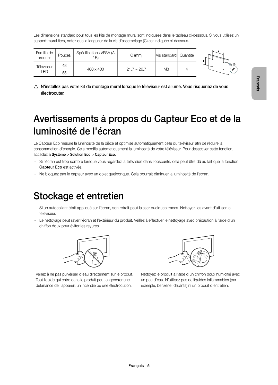 Samsung UE55H6800AWXXH, UE48H6800AWXXH, UE48H6800AWXXC, UE55H6800AWXXC manual Stockage et entretien, Quantité, 21,7 ~ 26,7 