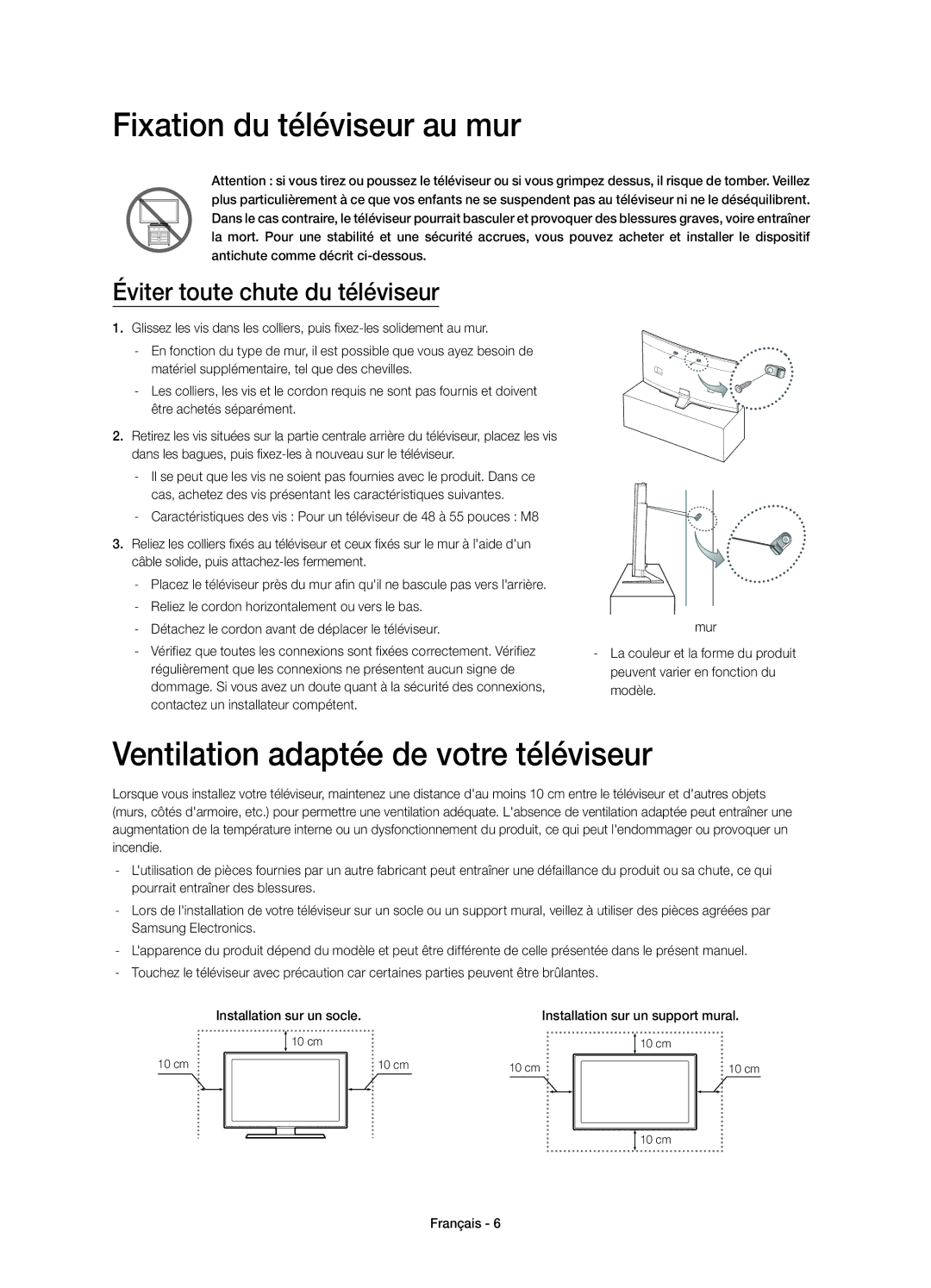 Samsung UE48H6800AWXXC, UE48H6800AWXXH manual Fixation du téléviseur au mur, Ventilation adaptée de votre téléviseur 