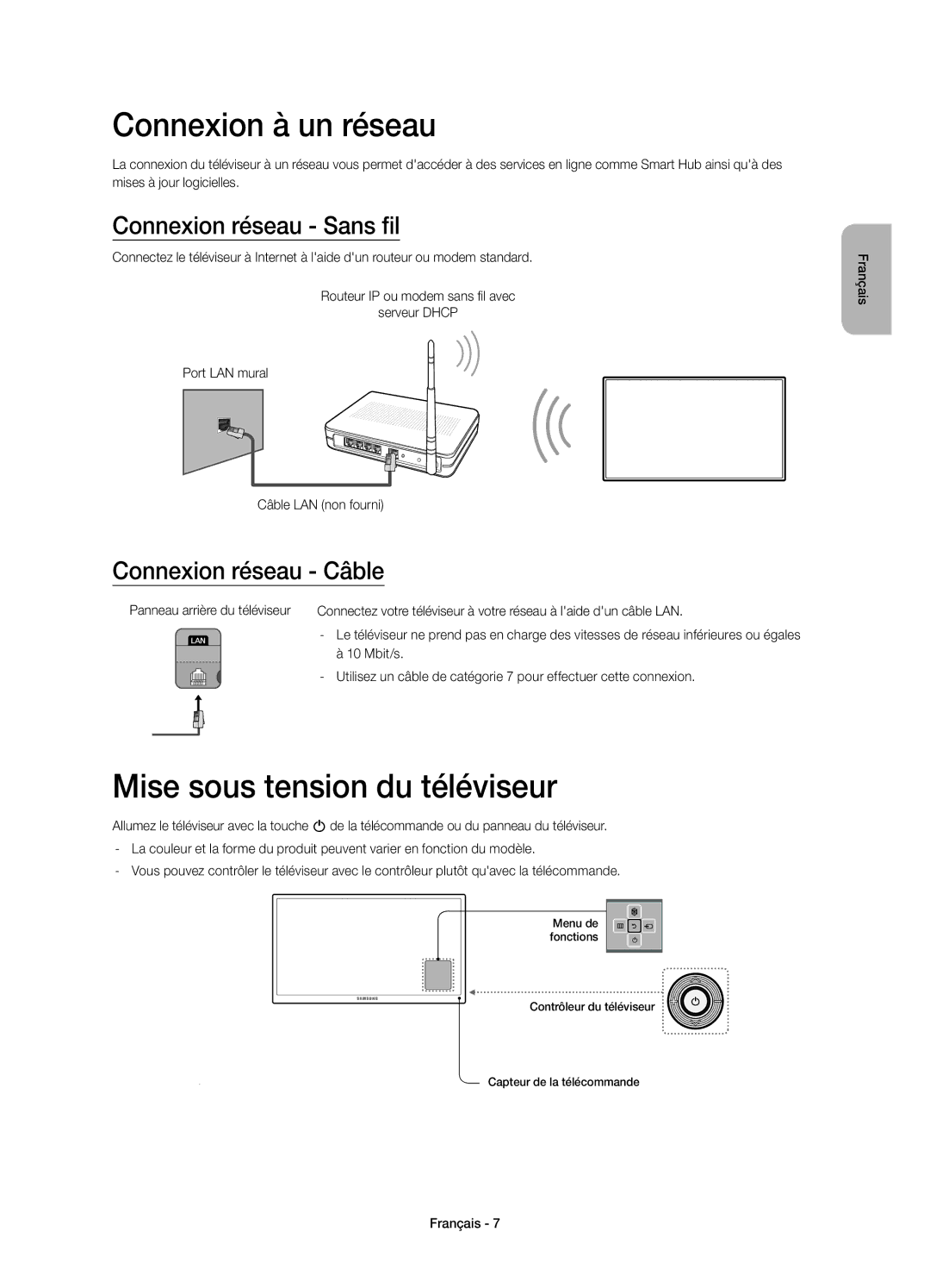 Samsung UE55H6800AWXXC manual Connexion à un réseau, Mise sous tension du téléviseur, Connexion réseau Sans fil, Mbit/s 