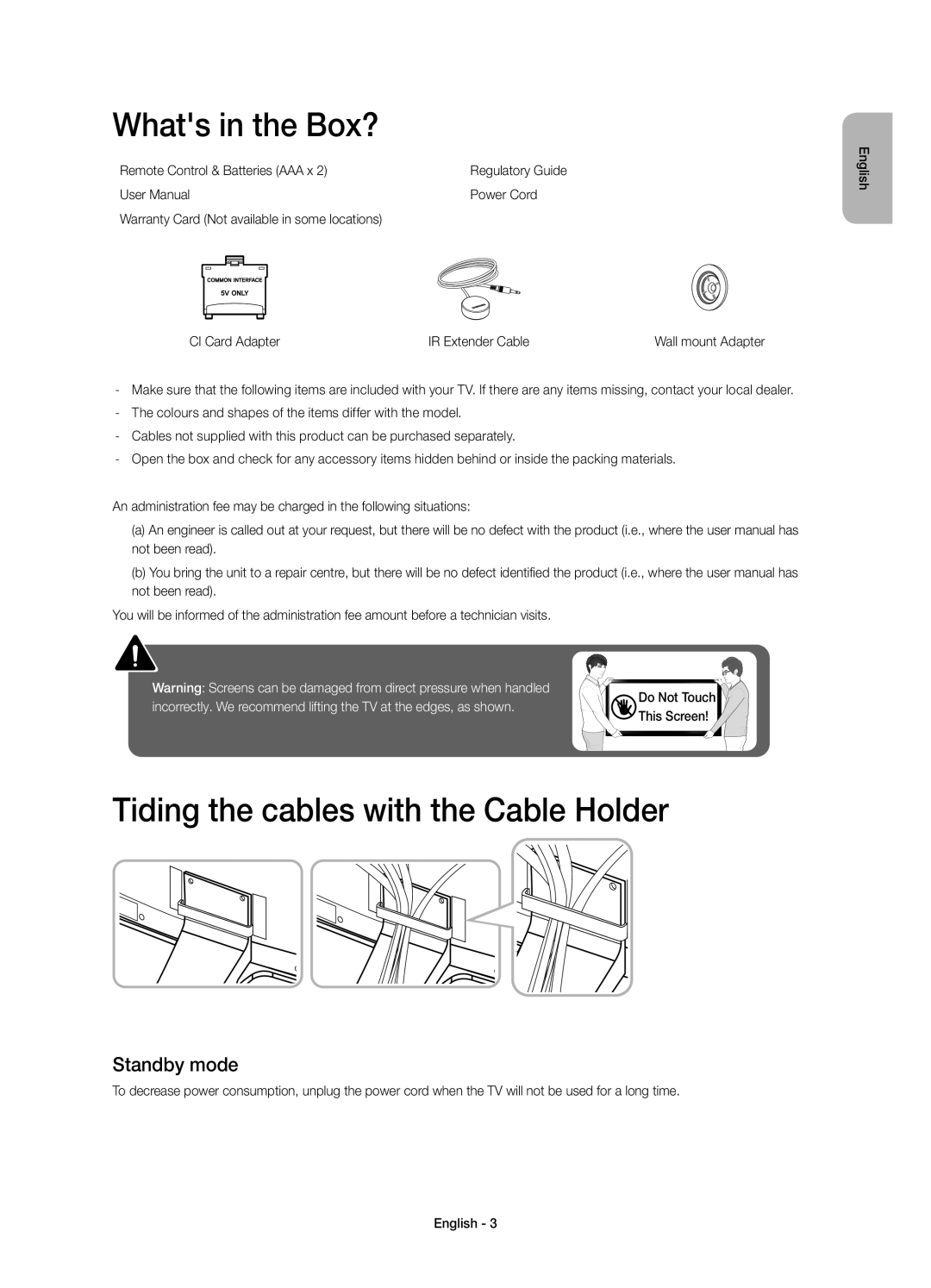 Samsung UE55H6800AWXXC manual Whats in the Box?, Tiding the cables with the Cable Holder, Standby mode, Power Cord 