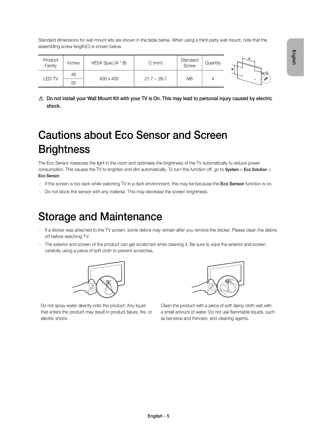 Samsung UE55H6800AWXXH, UE48H6800AWXXH, UE48H6800AWXXC, UE55H6800AWXXC manual Storage and Maintenance, 21.7 ~ 