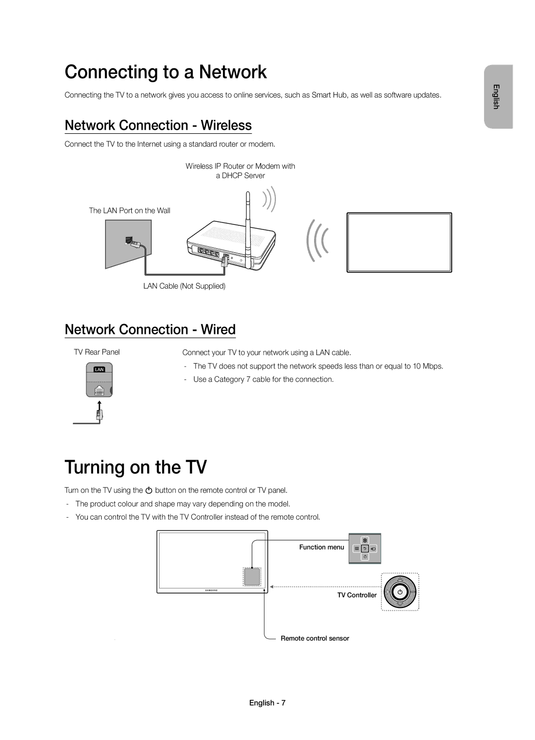 Samsung UE55H6800AWXXC Connecting to a Network, Turning on the TV, Network Connection Wireless, Network Connection Wired 