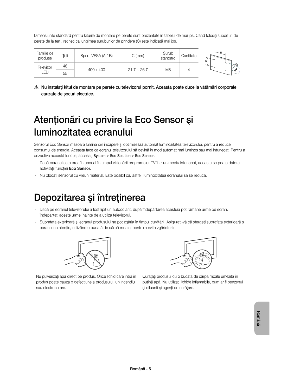 Samsung UE55H6800AWXXC, UE48H6800AWXXH, UE55H6800AWXXH, UE48H6800AWXZF manual Depozitarea şi întreţinerea, 21,7 ~ 26,7 