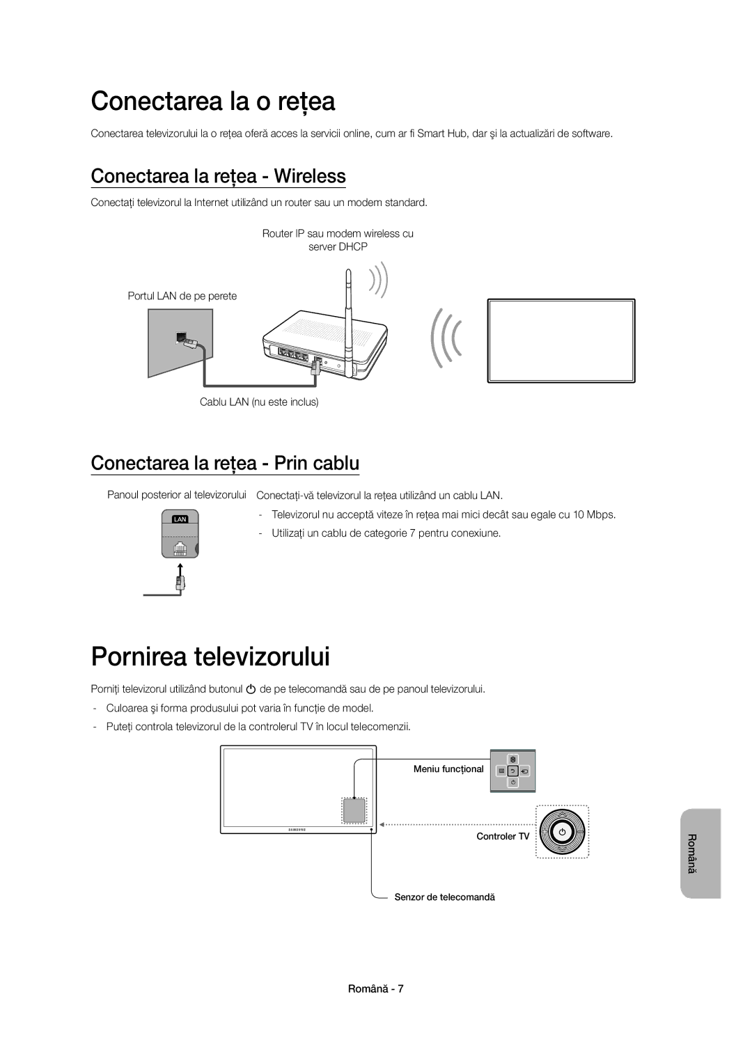 Samsung UE55H6800AKXXH, UE48H6800AWXXH manual Conectarea la o reţea, Pornirea televizorului, Conectarea la reţea Wireless 