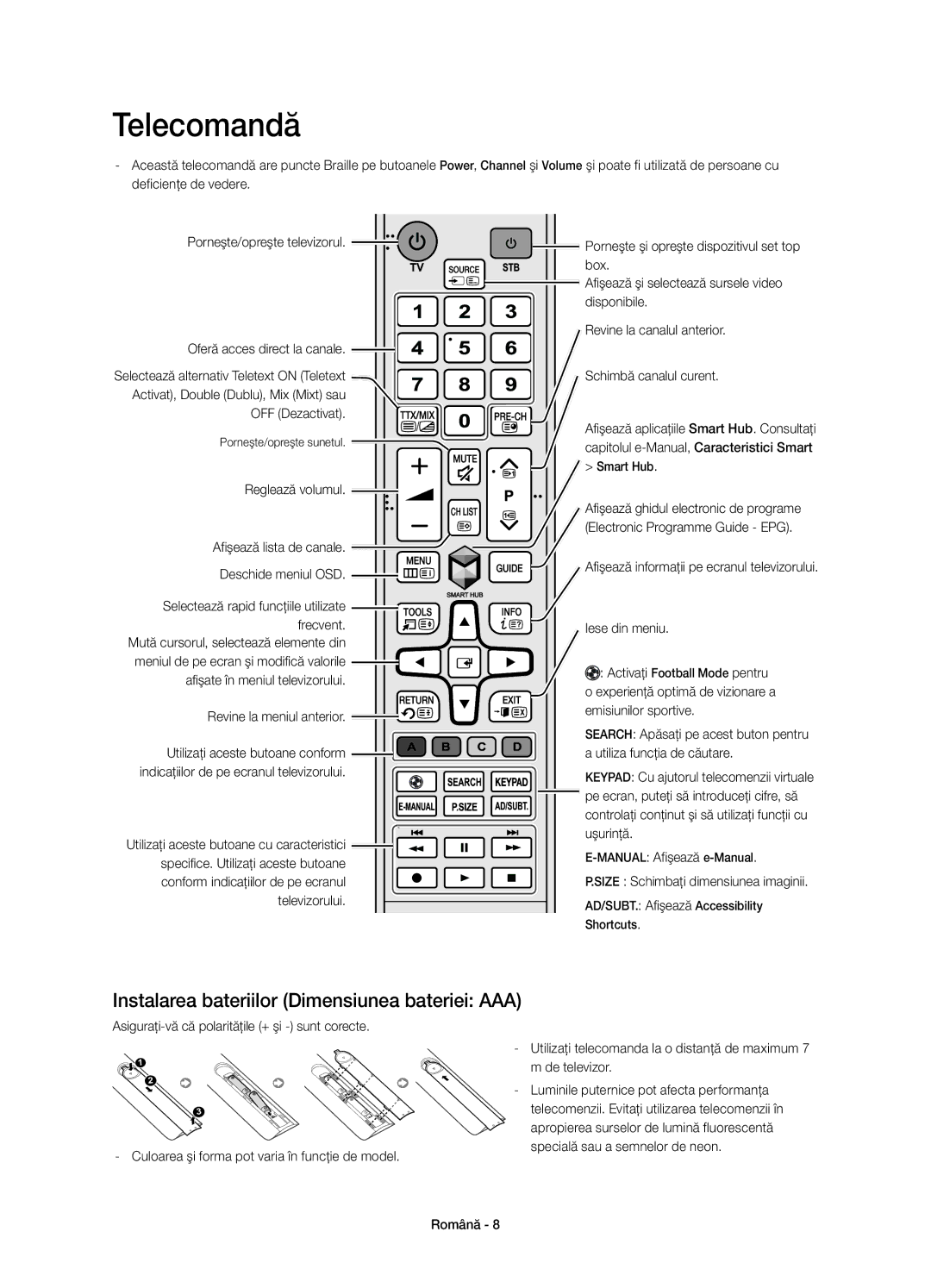 Samsung UE48H6800AKXXU, UE48H6800AWXXH, UE55H6800AWXXH manual Telecomandă, Instalarea bateriilor Dimensiunea bateriei AAA 